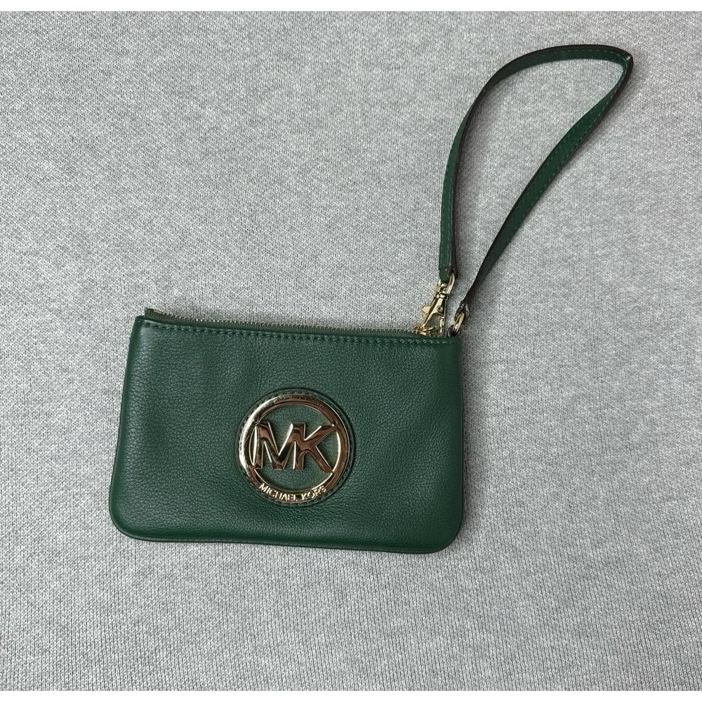 Michael Kors baby bag wristlet green leather with gold metal